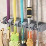 Mop Holder and Broom Holder, 4 Slot Position with 5 Hooks Brooms Holder Wall Mounted